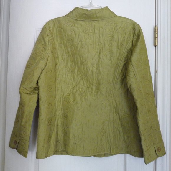 J Jill  green silk embroidered quilted jacket L button front light weight - Picture 2 of 4